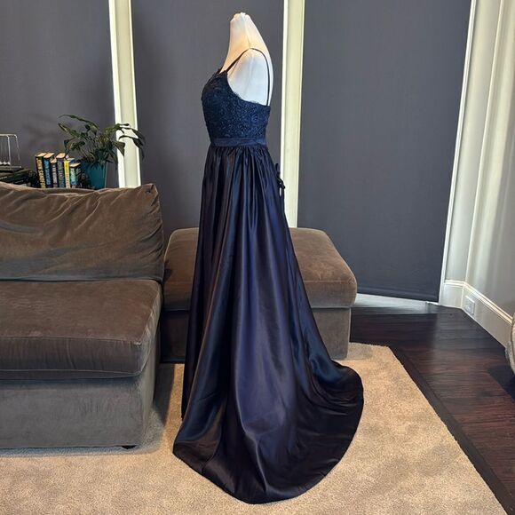 Women’s Blue Full Length Satin Lace Appliqué Party Prom Formal Dress Size 2 NWOT - Picture 4 of 11